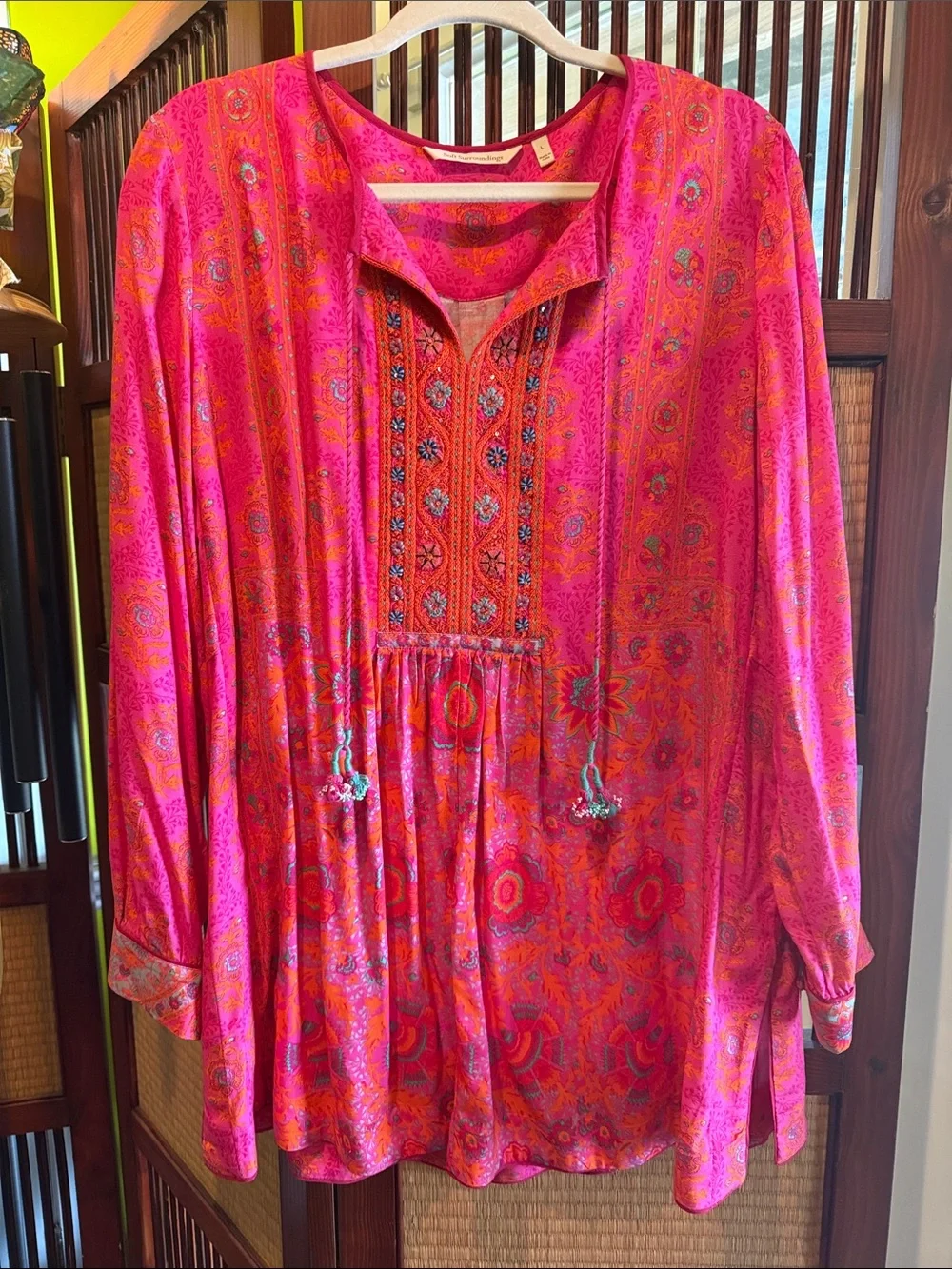 Soft Surroundings Hot Pink & Orange Embroidered Boho Tunic